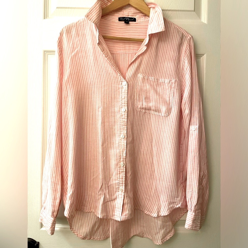 Velvet Heart Linen Blend Button Down Long Sleeve Shirt Pink White NWOT